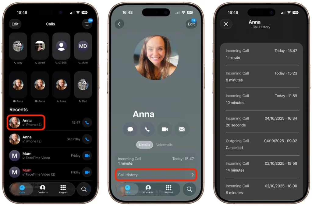 Tiga langkah cara melihat riwayat panggilan iPhone: memilih kontak di tab Terbaru, mengetuk tombol Call History, dan melihat daftar panggilan lengkap per kontak.