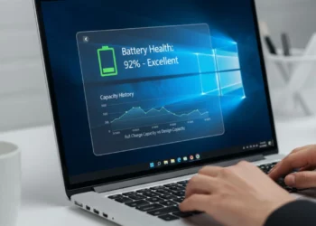 Seseorang mengikuti cara cek baterai laptop (battery health) di Windows tanpa aplikasi, layar laptopnya menunjukkan hasil "Battery Health: 92% - Excellent".