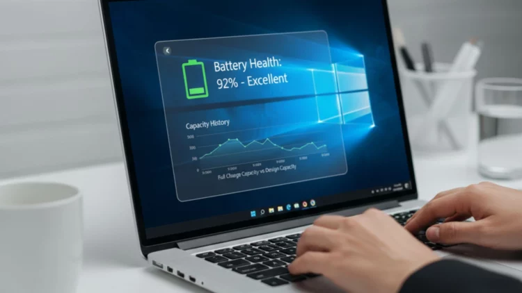 Seseorang mengikuti cara cek baterai laptop (battery health) di Windows tanpa aplikasi, layar laptopnya menunjukkan hasil "Battery Health: 92% - Excellent".