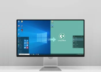 Ilustrasi layar komputer yang menunjukkan proses ganti Windows ke Linux Mint, alternatif OS terbaik untuk pemula yang muak dengan iklan di Windows.