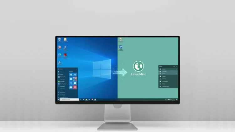 Ilustrasi layar komputer yang menunjukkan proses ganti Windows ke Linux Mint, alternatif OS terbaik untuk pemula yang muak dengan iklan di Windows.