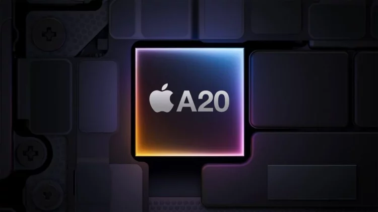 Ilustrasi chip Apple A20, chipset iPhone 18 yang bocor dengan nama kode 'Borneo' dan dikabarkan akan mentenagai iPhone foldable.
