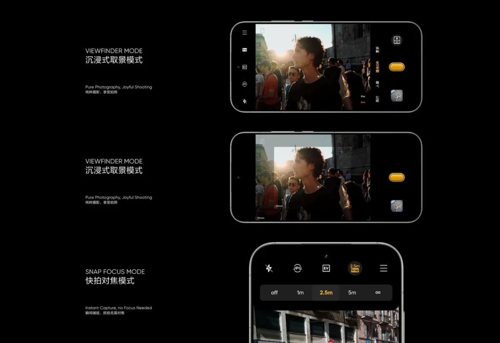 Infografis yang menunjukkan beberapa fitur kamera Realme GT 8 Pro yang diwarisi dari Ricoh, termasuk Snap Focus Mode dan Viewfinder Mode yang bersih.