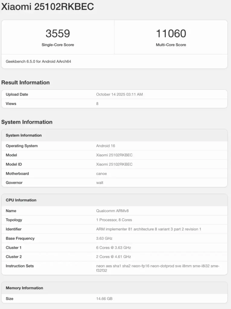 Screenshot hasil Geekbench dari Redmi K90 Pro (25102RKBEC), yang merupakan versi China dari Poco F8 Ultra, menunjukkan skor single-core 3559 dan multi-core 11060.