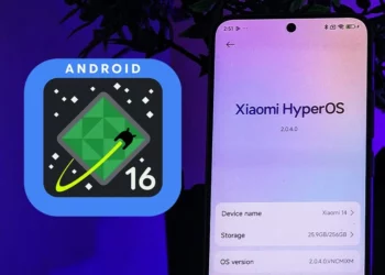 Logo Android 16 di samping ponsel Xiaomi dengan HyperOS, mengilustrasikan daftar HP Xiaomi tidak dapat Android 16.