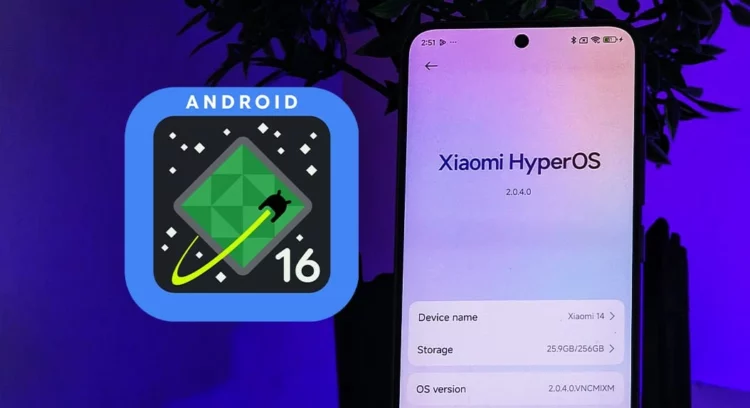 Logo Android 16 di samping ponsel Xiaomi dengan HyperOS, mengilustrasikan daftar HP Xiaomi tidak dapat Android 16.