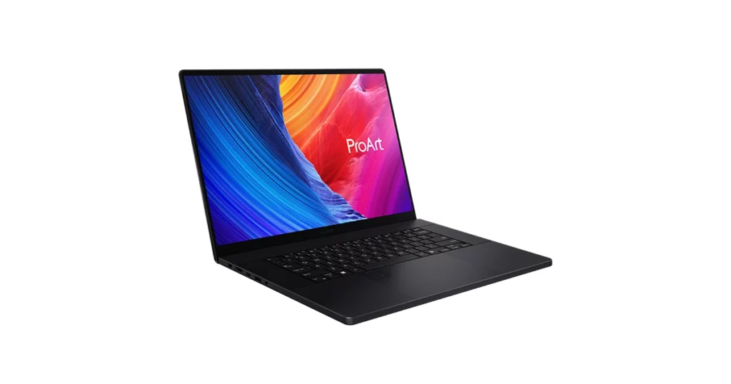 Tampilan laptop ASUS ProArt P16 dari sudut depan, menunjukkan desain bodi portabel dan layar OLED yang menyala.