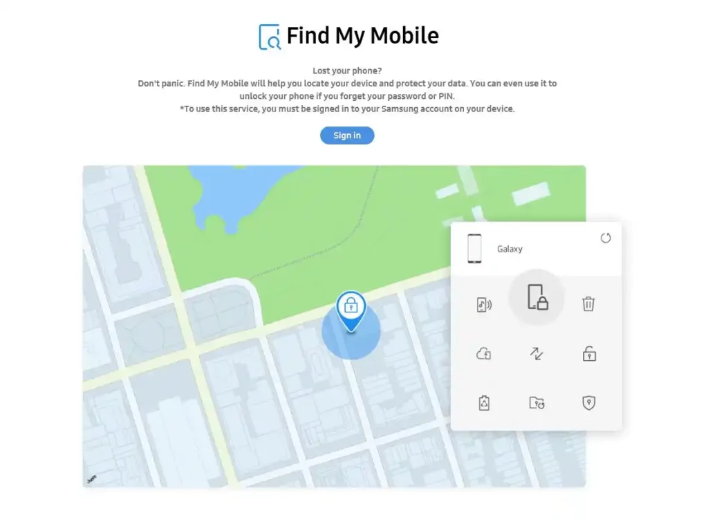 Tampilan antarmuka website Samsung Find My Mobile untuk melacak lokasi HP Samsung hilang beserta fitur-fitur keamanannya.