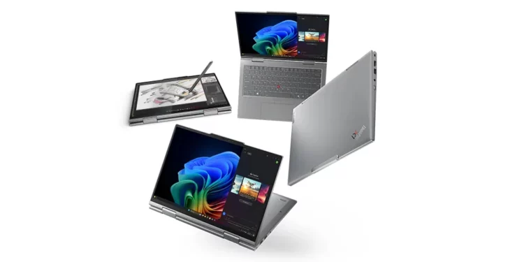 Lenovo ThinkPad X1 2-in-1 Gen 10, salah satu laptop 2-in-1 terbaik, ditampilkan dalam berbagai mode penggunaan berkat engsel 360 derajatnya.