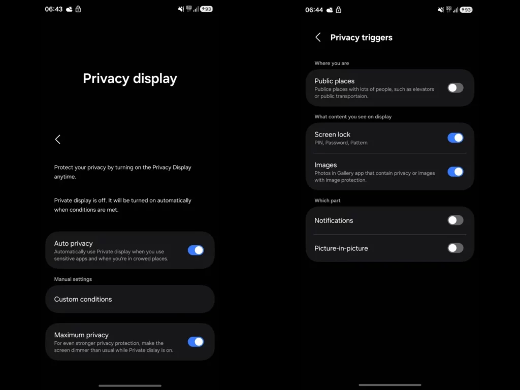 Bocoran tangkapan layar menu pengaturan untuk fitur Galaxy S26 Ultra 'Privacy Display' yang ditemukan di One UI.