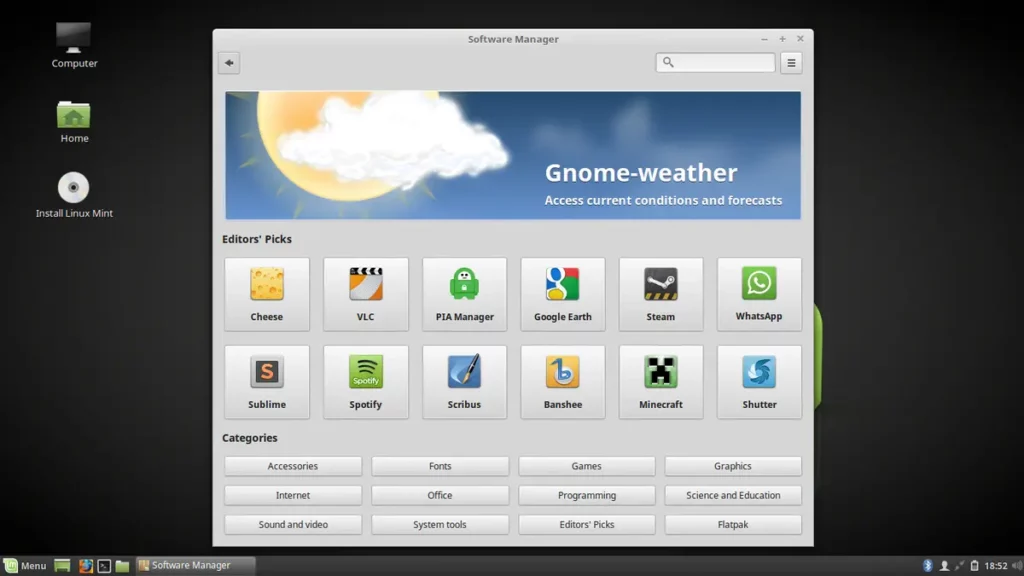 Screenshot Software Manager Linux Mint (App Store), cara mudah instal aplikasi seperti Steam dan Spotify setelah ganti Windows ke Linux.