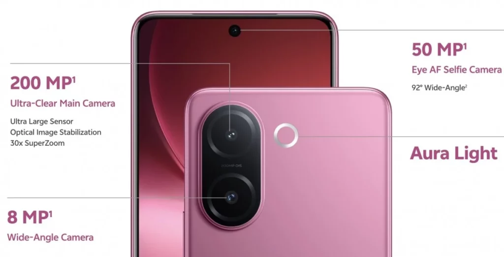 Infografis spesifikasi lengkap sistem kamera vivo V60e, mulai dari kamera utama 200MP, ultrawide 8MP, hingga selfie 50MP.