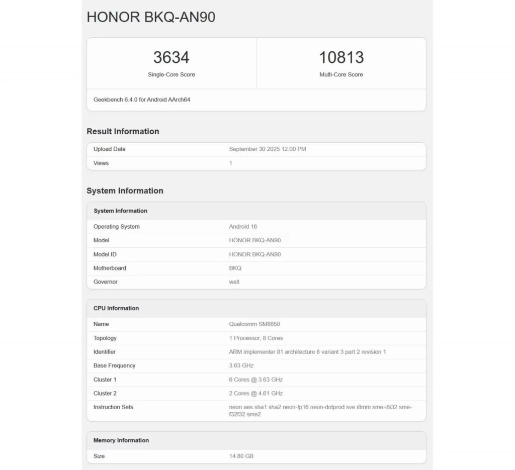 Tangkapan layar hasil benchmark Geekbench dari Honor Magic8 Pro (BKQ-AN90) yang menunjukkan skor performa tingginya.