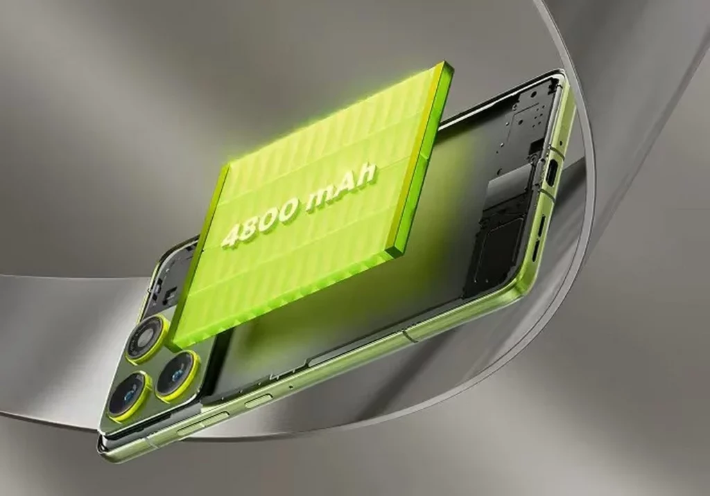 Ilustrasi teknis baterai 4800 mAh yang disematkan ke dalam bodi ultra-tipis Motorola Edge 70, menyoroti kapasitas daya yang besar untuk ukurannya.