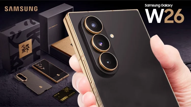 Tampilan close-up HP lipat Samsung W26 berwarna hitam dengan bingkai emas, beserta kotak penjualan dan aksesori eksklusifnya.