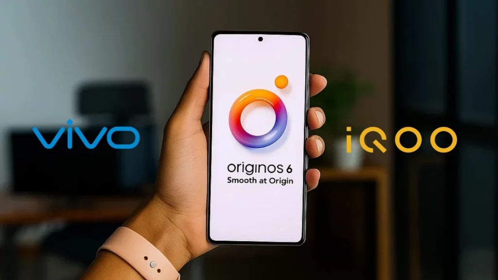 Sebuah tangan memegang smartphone yang menampilkan logo OriginOS 6, update OriginOS 6 terbaru untuk perangkat Vivo dan iQOO.