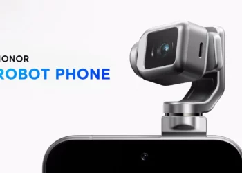 Close-up kamera pop-up Honor Robot Phone yang berbentuk seperti kepala robot, mengilustrasikan peluncurannya di MWC 2026.