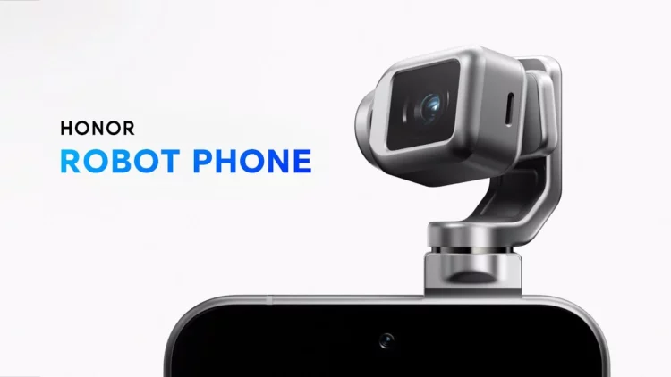 Close-up kamera pop-up Honor Robot Phone yang berbentuk seperti kepala robot, mengilustrasikan peluncurannya di MWC 2026.