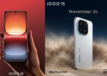 iQOO 15 tampilan depan dan belakang, poster resmi tanggal rilis 26 November dengan sorotan baterai 7.000 mAh dan Snapdragon 8 Elite Gen 5