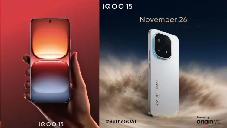 iQOO 15 tampilan depan dan belakang, poster resmi tanggal rilis 26 November dengan sorotan baterai 7.000 mAh dan Snapdragon 8 Elite Gen 5