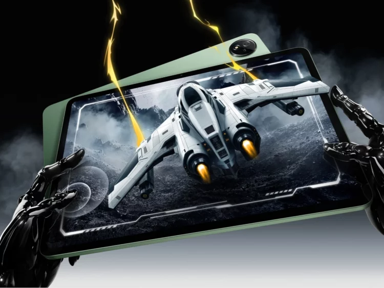 Poster iQOO Pad 5e, tablet gaming dengan layar 144Hz dan baterai 10.000 mAh, menampilkan visual game 3D yang imersif.