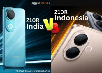 Perbandingan desain iQOO Z10R Indonesia (kanan, warna emas dan hitam) vs iQOO Z10R India (kiri, warna biru), yang dikonfirmasi memiliki spesifikasi beda total.