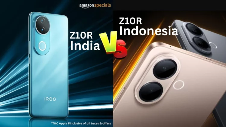 Perbandingan desain iQOO Z10R Indonesia (kanan, warna emas dan hitam) vs iQOO Z10R India (kiri, warna biru), yang dikonfirmasi memiliki spesifikasi beda total.