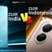 Perbandingan desain iQOO Z10R Indonesia (kanan, warna emas dan hitam) vs iQOO Z10R India (kiri, warna biru), yang dikonfirmasi memiliki spesifikasi beda total.