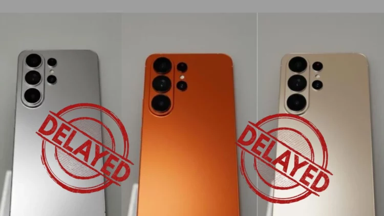 Ilustrasi penundaan launching Galaxy S26, menunjukkan render S26 dan S26+ (dicap 'DELAYED') yang terancam mundur ke Maret 2026.