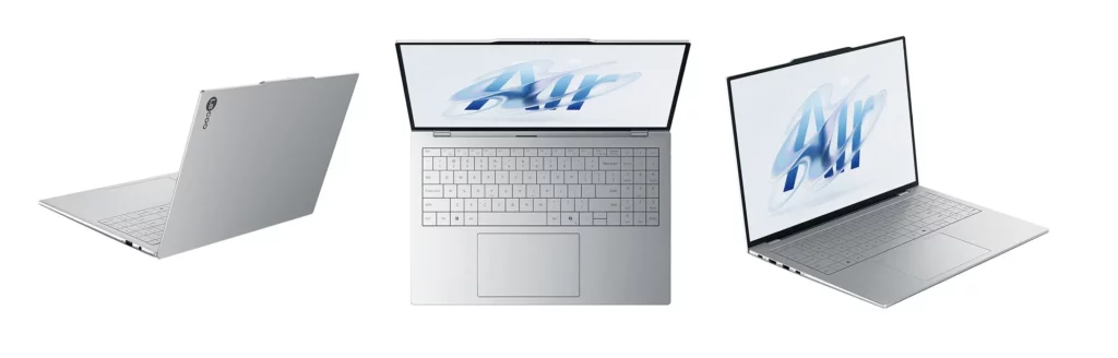 Kolase tiga sudut pandang Lecoo Air 16, menunjukkan bodi magnesium alloy yang super ringan 1kg dan desainnya yang tipis 10mm.