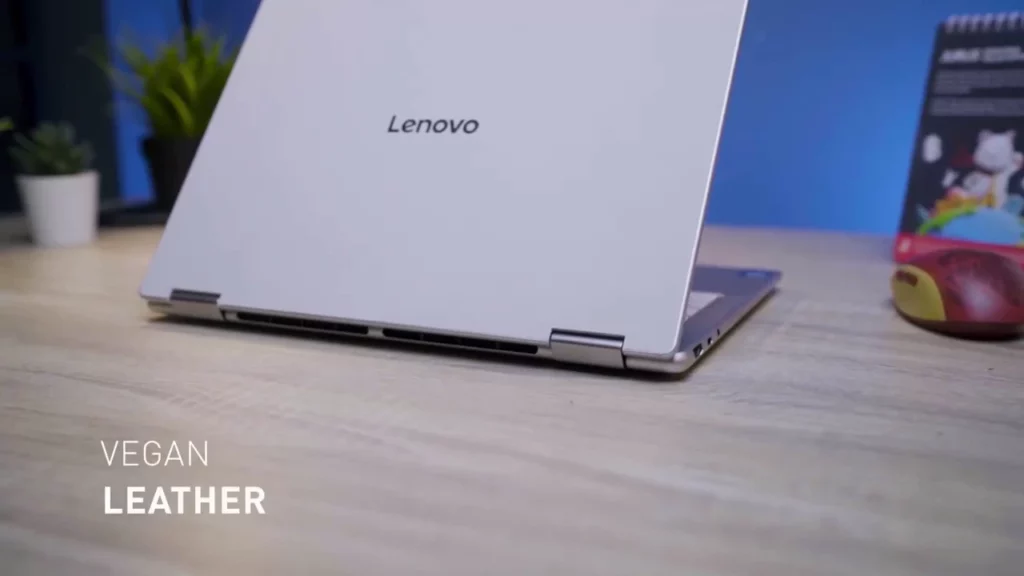 Ilustrasi material kulit vegan di Lenovo Yoga 7i (2025) yang dibahas sebagai anti noda, ramah lingkungan, dan anti sidik jari.