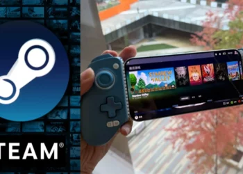 Kolase logo Steam dan seseorang main game Steam di HP Xiaomi Redmi K90, menunjukkan game Stardew Valley dan Silksong bisa dimainkan secara lokal dan offline.