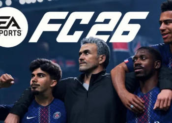 Poster promosi EA Sports FC 26 yang menunjukkan beberapa pemain dan manajer, mengilustrasikan kesuksesan penjualan EA Sports FC 26.