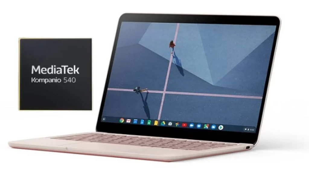Ilustrasi Chromebook tipis tanpa kipas yang ditenagai chipset MediaTek Kompanio 540, mendukung klaim baterai 35% lebih awet dan kinerja hening.