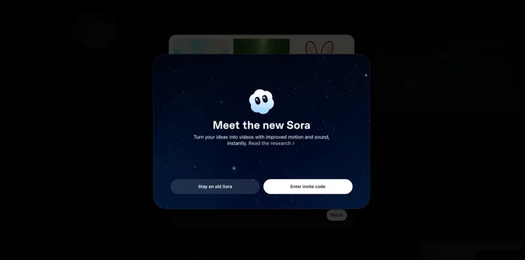 Tampilan antarmuka pop-up yang memperkenalkan OpenAI Sora 2, versi terbaru dari model video AI OpenAI.