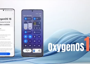 Dua tampilan antarmuka yang menunjukkan halaman update dan panel kontrol dari OxygenOS 16, update terbaru yang membawa fitur OxygenOS 16 canggih.