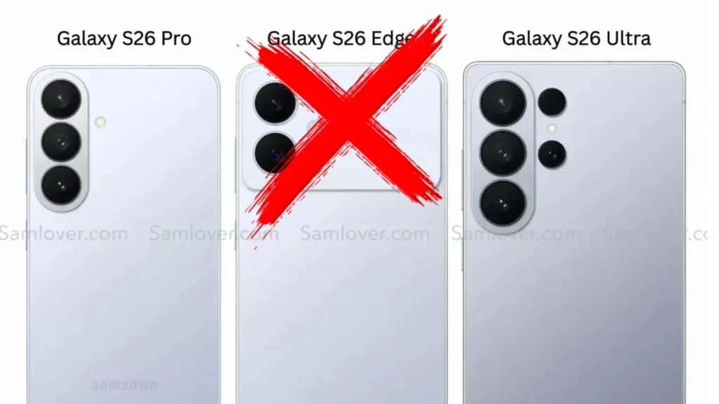 Ilustrasi pembatalan model Samsung Galaxy S26 Edge yang diberi tanda silang merah, diapit oleh konsep Galaxy S26 Pro dan Galaxy S26 Ultra.