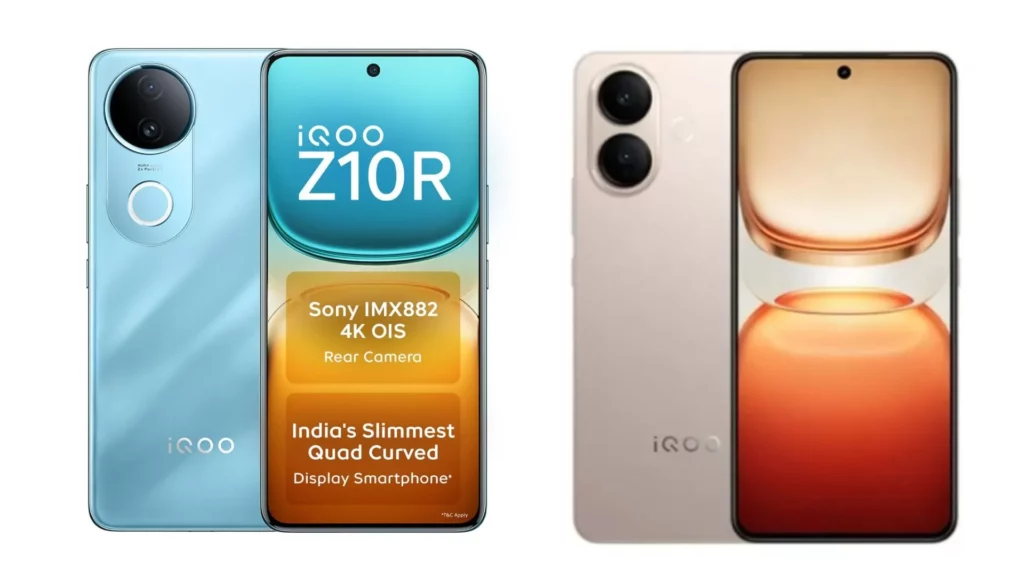 Perbandingan spesifikasi iQOO Z10R Indonesia (kanan) vs iQOO Z10R India (kiri), yang menunjukkan perbedaan total pada desain, modul kamera, dan spek internal.