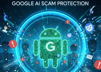 Ilustrasi perlindungan scam Android yang didukung Google AI, menunjukkan logo Android secara proaktif memblokir berbagai ancaman digital seperti phishing, fraud call, dan spam.