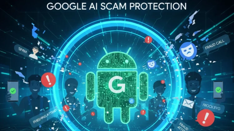Ilustrasi perlindungan scam Android yang didukung Google AI, menunjukkan logo Android secara proaktif memblokir berbagai ancaman digital seperti phishing, fraud call, dan spam.