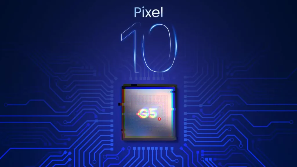 Ilustrasi chip Tensor G5 di atas papan sirkuit dengan tulisan "Pixel 10", menggambarkan arsitektur yang menjadi penyebab masalah performa.