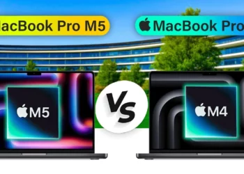 Gambar perbandingan MacBook Pro M5 vs M4, menampilkan kedua laptop berdampingan dengan logo chip M5 dan M4 di layar masing-masing.