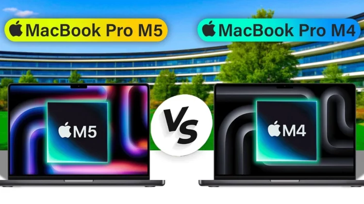 Gambar perbandingan MacBook Pro M5 vs M4, menampilkan kedua laptop berdampingan dengan logo chip M5 dan M4 di layar masing-masing.