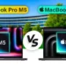 Gambar perbandingan MacBook Pro M5 vs M4, menampilkan kedua laptop berdampingan dengan logo chip M5 dan M4 di layar masing-masing.