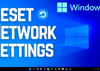Ilustrasi grafis untuk panduan cara reset jaringan Windows 11, menampilkan teks 'Reset Network Settings' dan logo Windows 11.