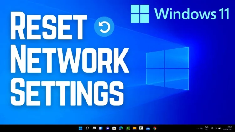 Ilustrasi grafis untuk panduan cara reset jaringan Windows 11, menampilkan teks 'Reset Network Settings' dan logo Windows 11.