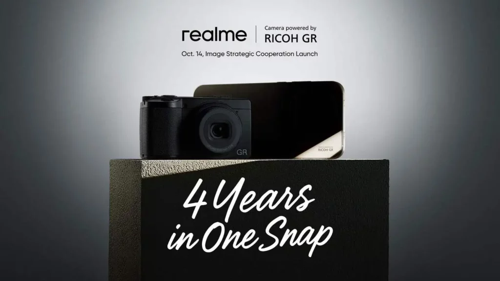 Poster resmi kolaborasi Realme x Ricoh GR, mengumumkan "Camera powered by RICOH GR" untuk Realme GT8 Pro.