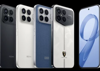 Jajaran varian warna Redmi K90 Pro Max, termasuk hitam, putih, biru, serta edisi spesial Lamborghini Squadra Corse yang menonjolkan desain performa tinggi.