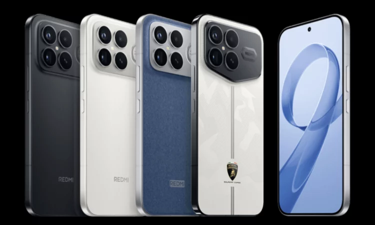 Jajaran varian warna Redmi K90 Pro Max, termasuk hitam, putih, biru, serta edisi spesial Lamborghini Squadra Corse yang menonjolkan desain performa tinggi.