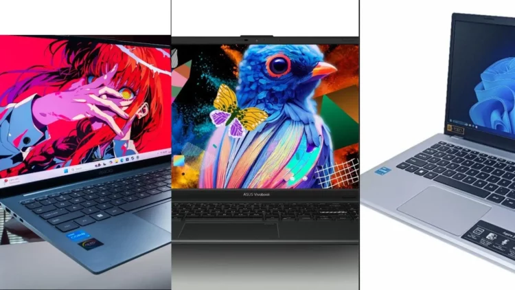 Kolase tiga laptop dari rekomendasi laptop 5 jutaan terbaik, termasuk Axioo Hype R3, ASUS Vivobook Go 15 OLED, dan Acer Aspire 3 A314.